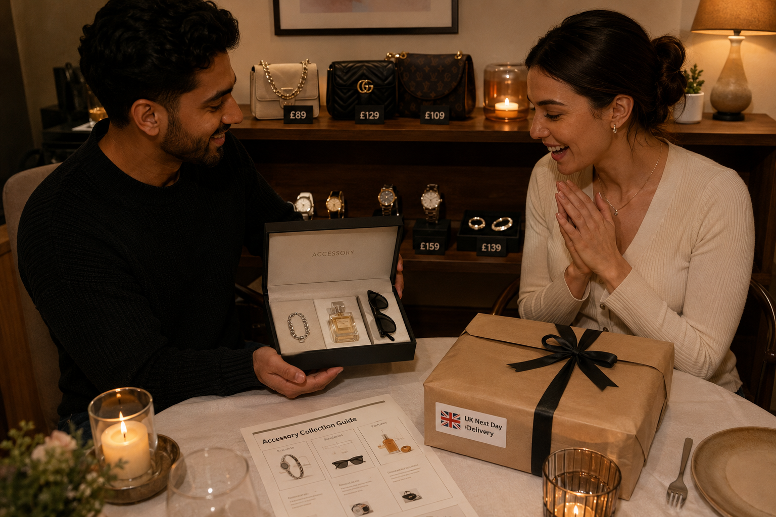Gift accessories selection with bracelet perfume sunglasses and UK next day delivery, couple exchanging gifts Gift accessories selection with bracelet perfume sunglasses and UK next day delivery, couple exchanging gifts